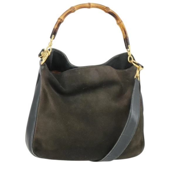 Gucci Handbags - Gucci Dark Brown Suede Shoulder Bag with Bamboo Handle